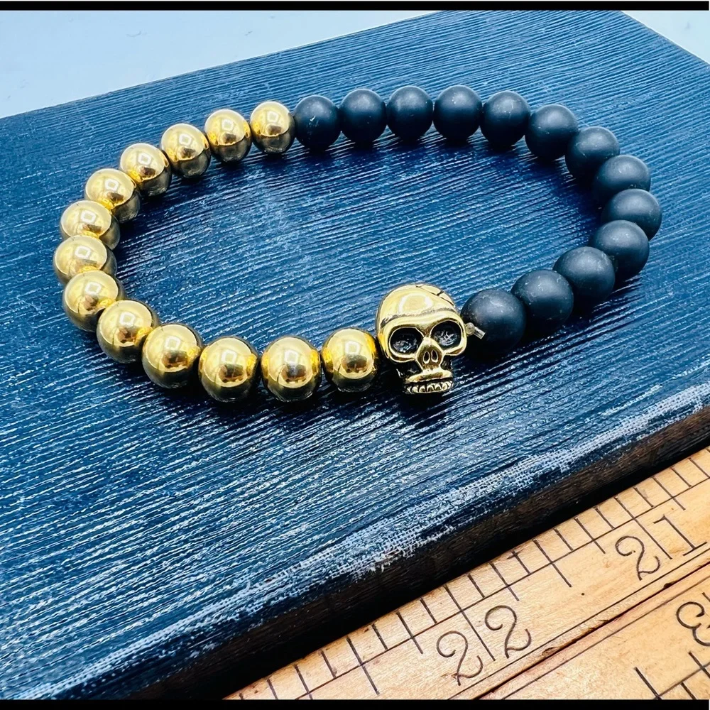 Artisan handcrafted skull gold black bead bracelet